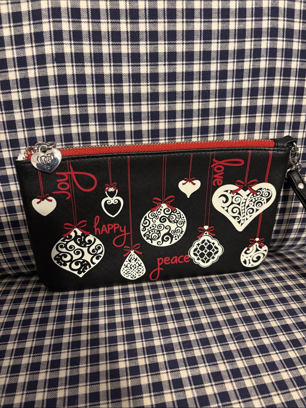 Brighton Black Wristlet Clutch with Red and White Holiday Ornaments